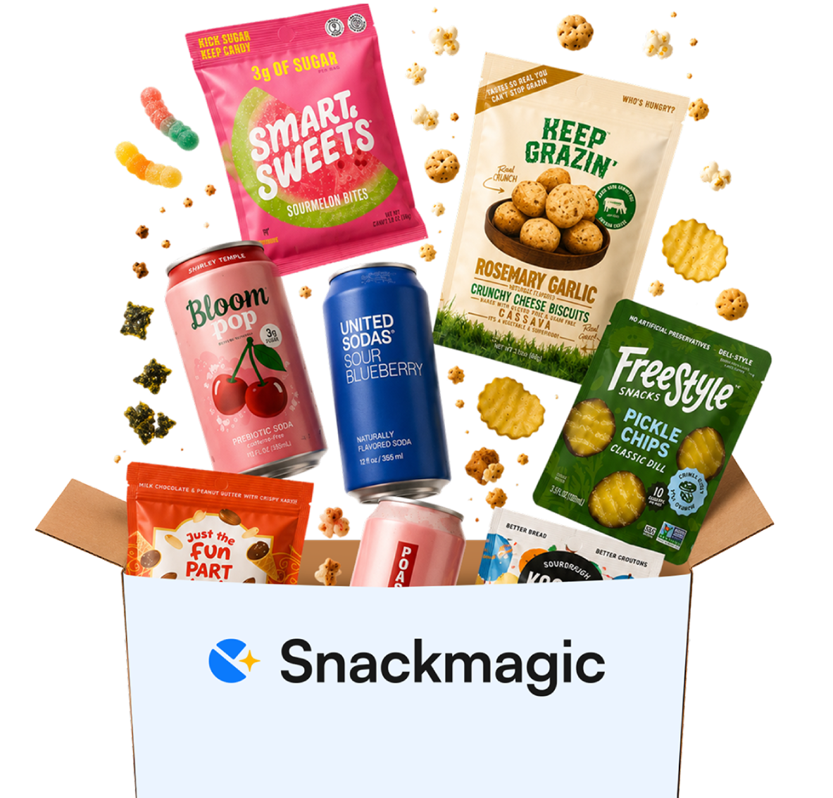 Snackmagic snack box overflowing with snacks and drinks