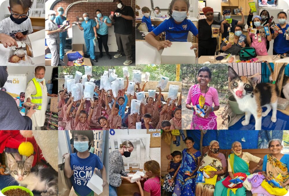 A collage of snack-donation moments in communities around the world
