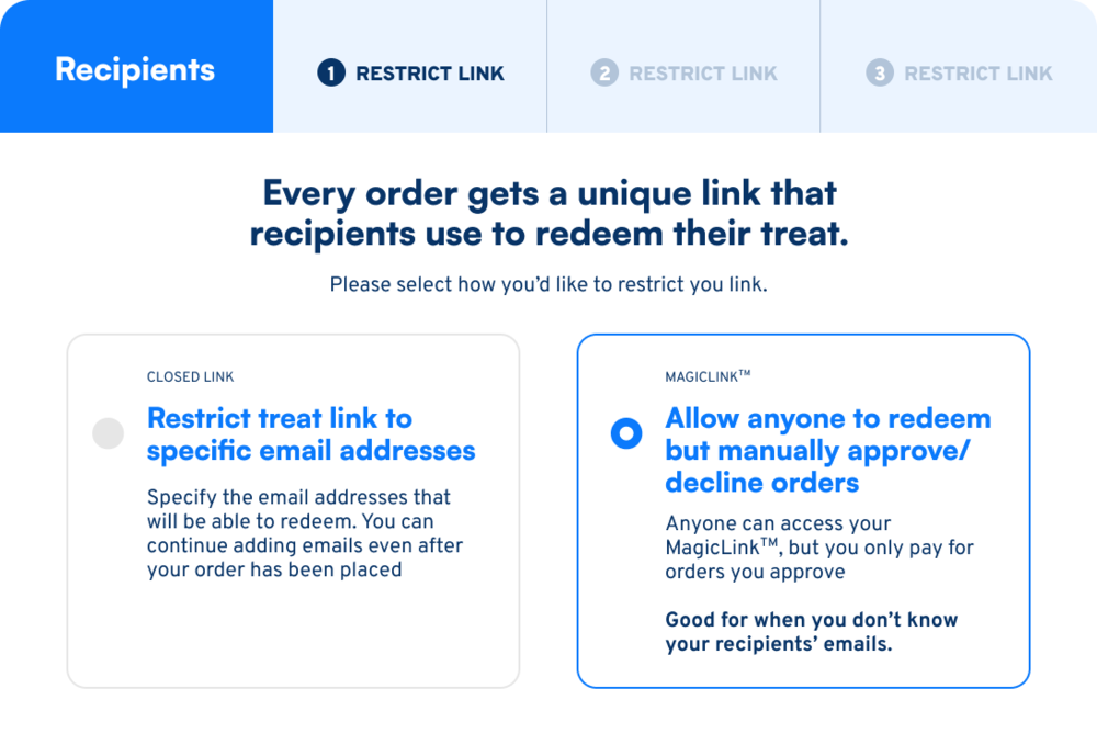 Open gifting link — restrict the treat link or let anyone redeem