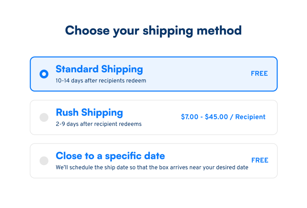Choose your shipping method — standard, rush, or close to a date