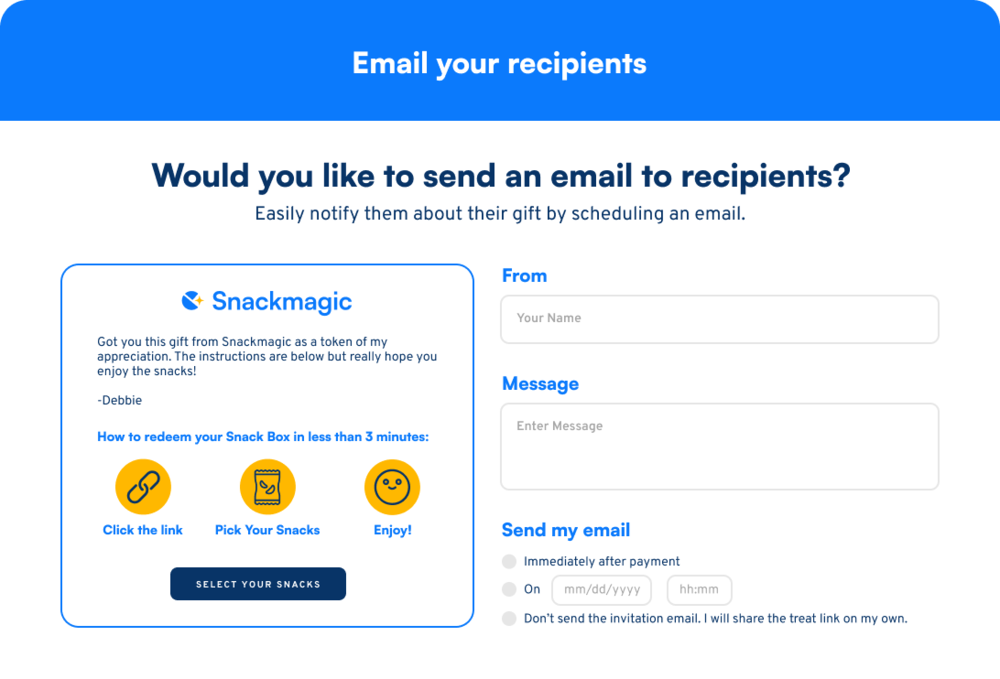 Treats Dashboard — schedule the recipient invitation email